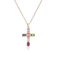 Collana in ottone di stesa Micro zircone cubico, with 1.96 inch extender chain, Croce, Placcato oro 18K, Micro spianare cubic zirconia & per la donna, nessuno, 22x40mm, Lunghezza Appross. 15.74 pollice, Venduto da PC