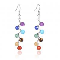 Boucles d'oreilles en pierres précieuses, alliage de zinc, avec Jade & Lapis lazuli & turquoise & oeil de tigre & aventurine vert & agate rouge & améthyste, Placage de couleur platine, pour femme, protéger l'environnement, sans nickel, plomb et cadmium, 63x16x6mm, Vendu par paire