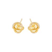 Clou boucle d'oreille en laiton, Motif géométrique, Placage de couleur d'or, DIY & pavé de micro zircon & creux, protéger l'environnement, sans nickel, plomb et cadmium, 10x10mm, Vendu par paire