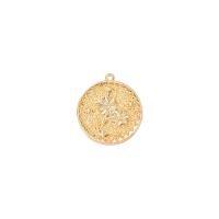 Brass Jewelry Pendants Flat Round gold color plated DIY & with flower pattern nickel lead & cadmium free Sold By PC