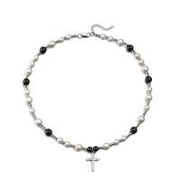 Titan stål halsband, med ABS plast pärla & Mässing, med 1.96 inch extender kedja, Unisex & micro bana cubic zirconia, ursprungliga färgen, Längd Ca 19.68 inch, Säljs av PC