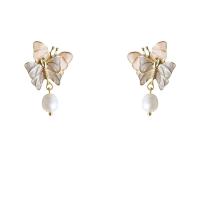 Boucles d'oreilles en perles d'eau douce, laiton, avec perle, papillon, Plaqué d'or, Naturel & bijoux de mode & pour femme & émail, 36mm, Vendu par paire