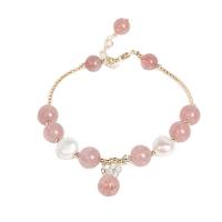 Quarz Armbänder, Strawberry Quartz, mit Natürliche kultivierte Süßwasserperlen & Edelstahl, für Frau & mit Strass, gemischte Farben, Länge 19 cm, verkauft von PC