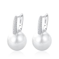 Brass Drop Earring with Plastic Pearl Round plated micro pave cubic zirconia & for woman nickel lead & cadmium free Sold By Pair