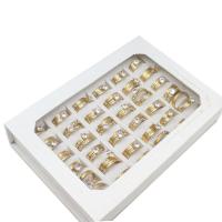 aço inoxidável anel Set, Anel de dedo, para mulher & com strass, dourado, 6mm, 36PCs/box, vendido por box