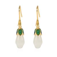 Boucles d'oreilles pendantes en laiton, avec Jade, Tulip, Placage de couleur d'or, pour femme, 10x43mm, Vendu par paire