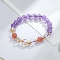 Quarz Armbänder, Amethyst, mit Strawberry Quartz & Klarer Quarz & Messing, goldfarben plattiert, für Frau & mit Strass, gemischte Farben, 8mm, Länge ca. 5.9 ZollInch, verkauft von PC