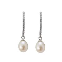 Freshwater Pearl Örhängen, 925 sterling silver, med Freshwater Pearl, platinerade, olika stilar för val & micro bana cubic zirconia & för kvinna, 1x29mm, 7mm, Säljs av Par