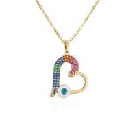 Collier Evil Eye bijoux, laiton, coeur, Placage de couleur d'or, pavé de micro zircon & pour femme & émail, multicolore, 22x32mm, Longueur Environ 17.72 pouce, Vendu par PC