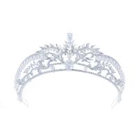 Tiaras, Sinc Alloy, le Pearl Plaisteacha, Corónach, dath airgid plated, le rhinestone & log, 330x55mm, Díolta De réir PC