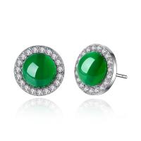 Agaat oorbellen, Messing, met Groene Agaat, platinum plated, micro pave zirconia, groen, 12x12mm, Gat:Ca 0.9mm, Verkocht door pair