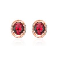 Zircon cubique ( CZ ) goujon boucle, laiton, Plaqué de couleur d'or rose, pavé de micro zircon & pour femme, rouge, 13x15mm, Trou:Environ 0.9mm, Vendu par paire