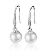 Pendientes de Micro Pavé de Zirconía Cúbica en Plata de Ley, Plata de ley 925, con Shell Pearl, Esférico, micro arcilla de zirconia cúbica & para mujer, 10x32mm, Vendido por Par