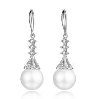 Pendientes de Micro Pavé de Zirconía Cúbica en Plata de Ley, Plata de ley 925, con Shell Pearl, Esférico, micro arcilla de zirconia cúbica & para mujer, 12x45mm, Vendido por Par