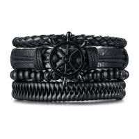 Cuero de PU Pulsera, con madera & aleación de zinc, Buque de Ruedas, 4 piezas & para hombre, Negro, Vendido por Set