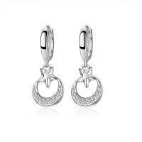 Earring Buail Huggie, 925 Sterling Silver, Moon agus Star, platanam plátáilte, micrea réiteach zirconia ciúbach & do bhean, 12x31mm, Díolta De réir Péire