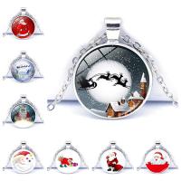 Kerst Kettingen, Zinc Alloy, met Glas, met 1.96 inch extender keten, Ronde, Kerstontwerp & tijd gem sieraden & verschillende ontwerpen voor de keuze, oorspronkelijke kleur, 35mm, Lengte Ca 17.72 inch, Verkocht door PC