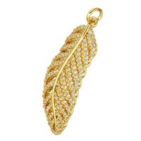 Kubik Zirkonium mikro bana Mässing hängande, Feather, guldfärg pläterade, micro bana cubic zirconia & ihålig, 13x33x3mm, Hål:Ca 3mm, 10PC/Lot, Säljs av Lot