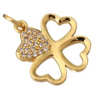 Kubik Zirkonium mikro bana Mässing hängande, Four Leaf Clover, guldfärg pläterade, micro bana cubic zirconia & ihålig, 14x15x2mm, Hål:Ca 2mm, 10PC/Lot, Säljs av Lot