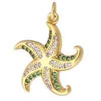 Terningformet Zirkon Micro Pave Messing vedhæng, Starfish, guldfarve belagt, Micro Pave cubic zirconia, 18x20x2mm, Hole:Ca. 2mm, 10pc'er/Lot, Solgt af Lot