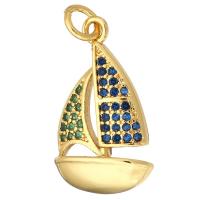 Messing hanger met micro-paved kubieke zirconia's, Sail Boat, gold plated, micro pave zirconia, 12x20x3mm, Gat:Ca 2mm, 10pC's/Lot, Verkocht door Lot