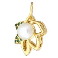 Kubik Zirkonium mikro bana Mässing hängande, med Plast Pearl, Leaf, guldfärg pläterade, micro bana cubic zirconia & ihålig, 12x18x7mm, Hål:Ca 3mm, 10PC/Lot, Säljs av Lot