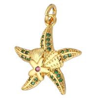 Terningformet Zirkon Micro Pave Messing vedhæng, Starfish, guldfarve belagt, Micro Pave cubic zirconia, 18x19x3mm, Hole:Ca. 2mm, 10pc'er/Lot, Solgt af Lot