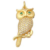 Terningformet Zirkon Micro Pave Messing vedhæng, Owl, guldfarve belagt, Micro Pave cubic zirconia, 12x28x4mm, Hole:Ca. 2mm, 10pc'er/Lot, Solgt af Lot