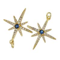 Messing hanger met micro-paved kubieke zirconia's, Acht Point Star, gold plated, micro pave zirconia, 22x26x4mm, Gat:Ca 2mm, 10pC's/Lot, Verkocht door Lot