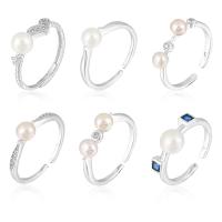 Sterling Silver smycken finger ring, 925 sterling silver, med Freshwater Pearl, platinerade, olika stilar för val & för kvinna, Storlek:6-8, Säljs av PC