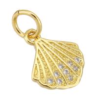 Messing hanger met micro-paved kubieke zirconia's, Schelp, gold plated, micro pave zirconia, 10x11x2mm, Gat:Ca 3mm, 10pC's/Lot, Verkocht door Lot