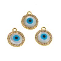 Cúbicos Circonia Colgante Latón Micro pavimenta, metal, con Nácar, Esférico, chapado en oro real, patrón de malvado de ojo & micro arcilla de zirconia cúbica & esmalte, dorado, 16x13x3mm, Vendido por UD