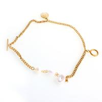 Roestvrij staal armbanden, met Plastic Pearl, gold plated, voor vrouw, 16x12x2mm, Lengte Ca 12.6 inch, Verkocht door PC