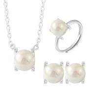 925 Sterling Silver Jewelry Set, Orecchino a bottone & anello dito & Collana, 925 sterline d'argento, with Shell Pearl, with 1.96inch extender chain, Cerchio, placcato platino, tre pezzi & per la donna, nessuno, 11.4x11mm, 8x9.3mm, 8mm, Misura:6-8, Lunghezza Appross. 17.7 pollice, Venduto da set