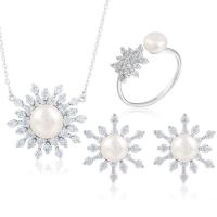 Gioielli perle naturali coltivate d'acquadolce, Orecchino a bottone & anello dito & Collana, 925 sterline d'argento, with perla d'acquadolce coltivata naturalmente, with 1.96inch extender chain, Fiocco di Neve, placcato platino, tre pezzi & per la donna & con strass, 25.5x11mm, 14x16mm, Misura:6-8, Lunghezza Appross. 17.7 pollice, Venduto da set