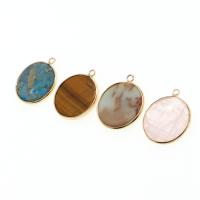 Gemstone Vedhæng Smykker, Messing, med Natursten, Flad Oval, flere farver til valg, 30x26x2mm, Solgt af PC