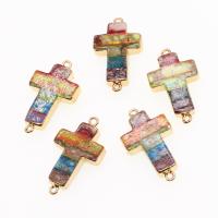 Gemstone stik, Messing, med Impression Jasper, Kryds, blandede farver, 34x19x5mm, Solgt af PC