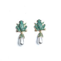 Pendientes de Gota en Latón, metal, con Perlas de plástico ABS, Rana, chapado en oro KC, Joyería & para mujer & con diamantes de imitación, verde, 49x21.50mm, Vendido por Par