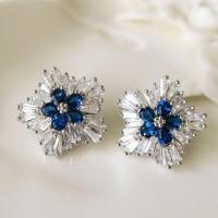 Boucles d'oreilles en laiton zircon cubique pavent, fleur, pavé de micro zircon & pour femme, bleu, 19mm, Vendu par paire