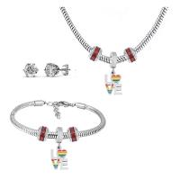 Fashion Stainless Steel Jewelry Sets Stud Earring & bracelet & necklace 316 Stainless Steel With Pendant & for woman & enamel & with rhinestone silver color 21cmuff0c49cm Sold By Set