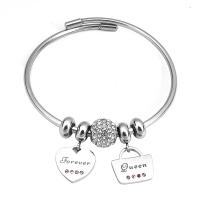 316 Stainless Steel European Bangle with 304 Stainless Steel With Pendant & for woman & with rhinestone silver color Length 7.5 Inch Sold By PC