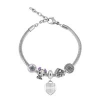 European Bracelet 316 Stainless Steel With Pendant & Unisex & with rhinestone silver color Length 7.5 Inch Sold By PC