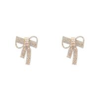 Messing Stud ørering, Bowknot, guldfarve belagt, for kvinde & med rhinestone & hule, nikkel, bly & cadmium fri, 32x26mm, Solgt af par