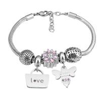 European Bracelet 316 Stainless Steel With Pendant & Unisex & with rhinestone silver color Length 7.5 Inch Sold By PC