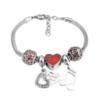 European Bracelet 316 Stainless Steel With Pendant & Unisex & with rhinestone silver color Length 7.5 Inch Sold By PC