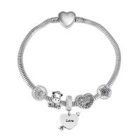 European Bracelet 316 Stainless Steel With Pendant & Unisex & with rhinestone silver color Length 7.5 Inch Sold By PC