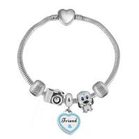 European Bracelet 316 Stainless Steel With Pendant & Unisex & with rhinestone silver color Length 7.5 Inch Sold By PC