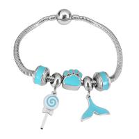 Bracelet European , Acier inoxydable 316, Avec Pendentif & unisexe & avec strass, argent, Longueur 7.5 pouce, Vendu par PC