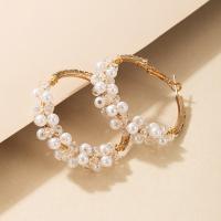 Zinc Alloy Hoop Earring, med Seedbead & Plastic Pearl, guldfarve belagt, mode smykker, gylden, 47x50mm, Solgt af par