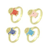 Cubi Circonia Micro Pave anello in ottone, Evil Eye Hamsa, placcato color oro, Regolabile & Micro spianare cubic zirconia & smalto, nessuno, 11x14mm, Misura:7, Venduto da PC